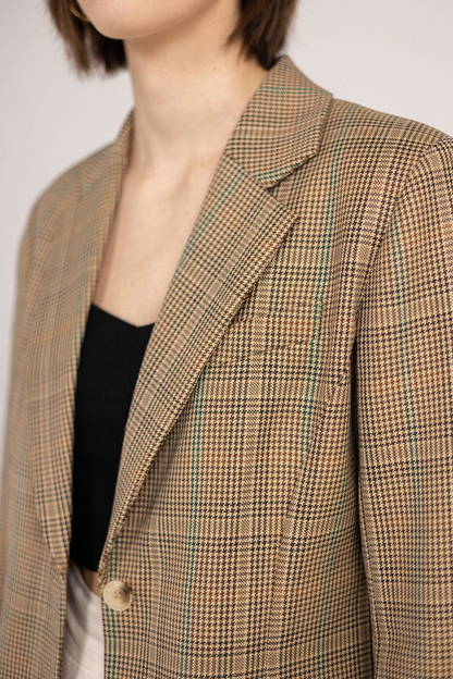 My Love Boyfriend Blazer - Brown/Green close up front view