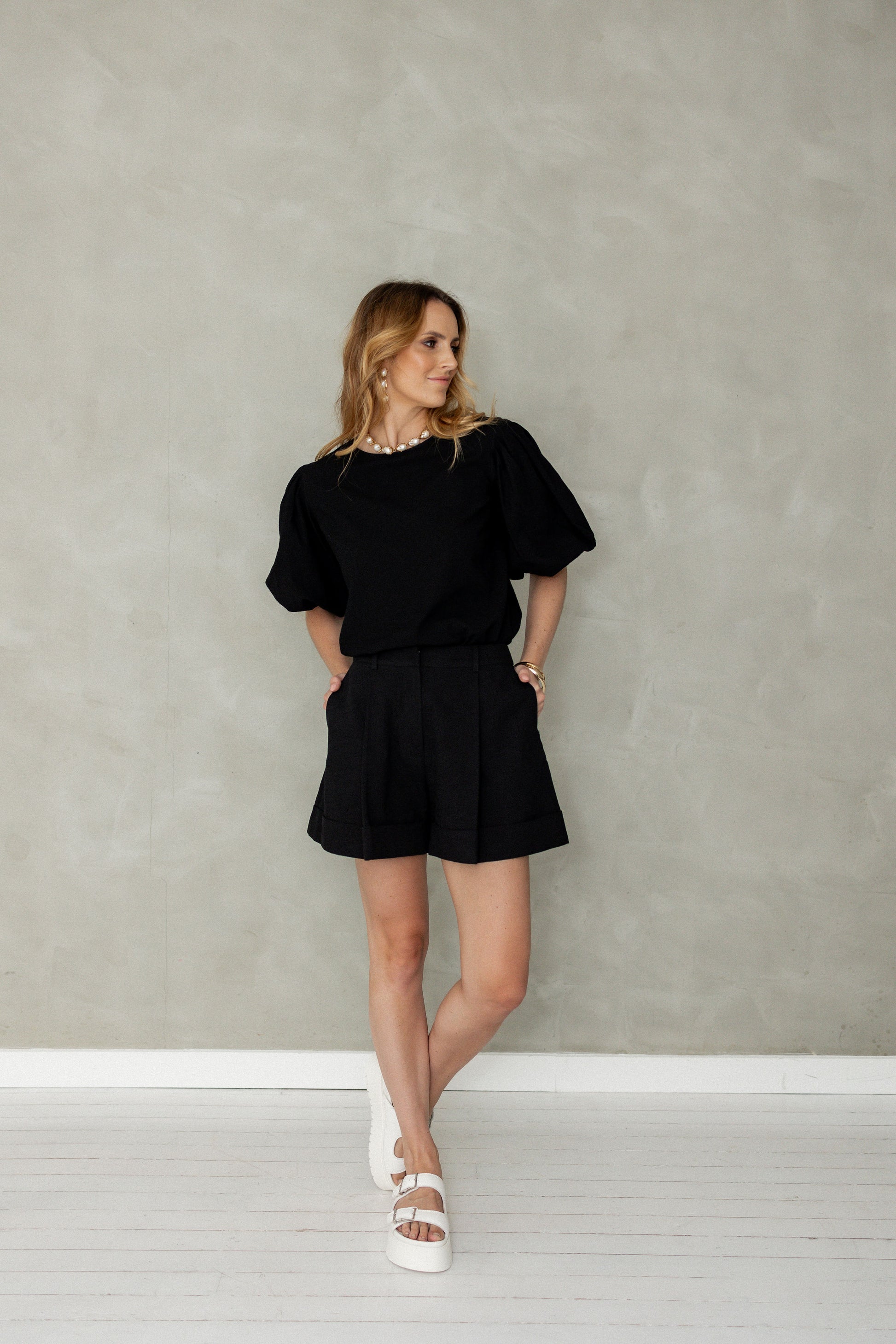 Cotton Puff Sleeve Blouse black front view