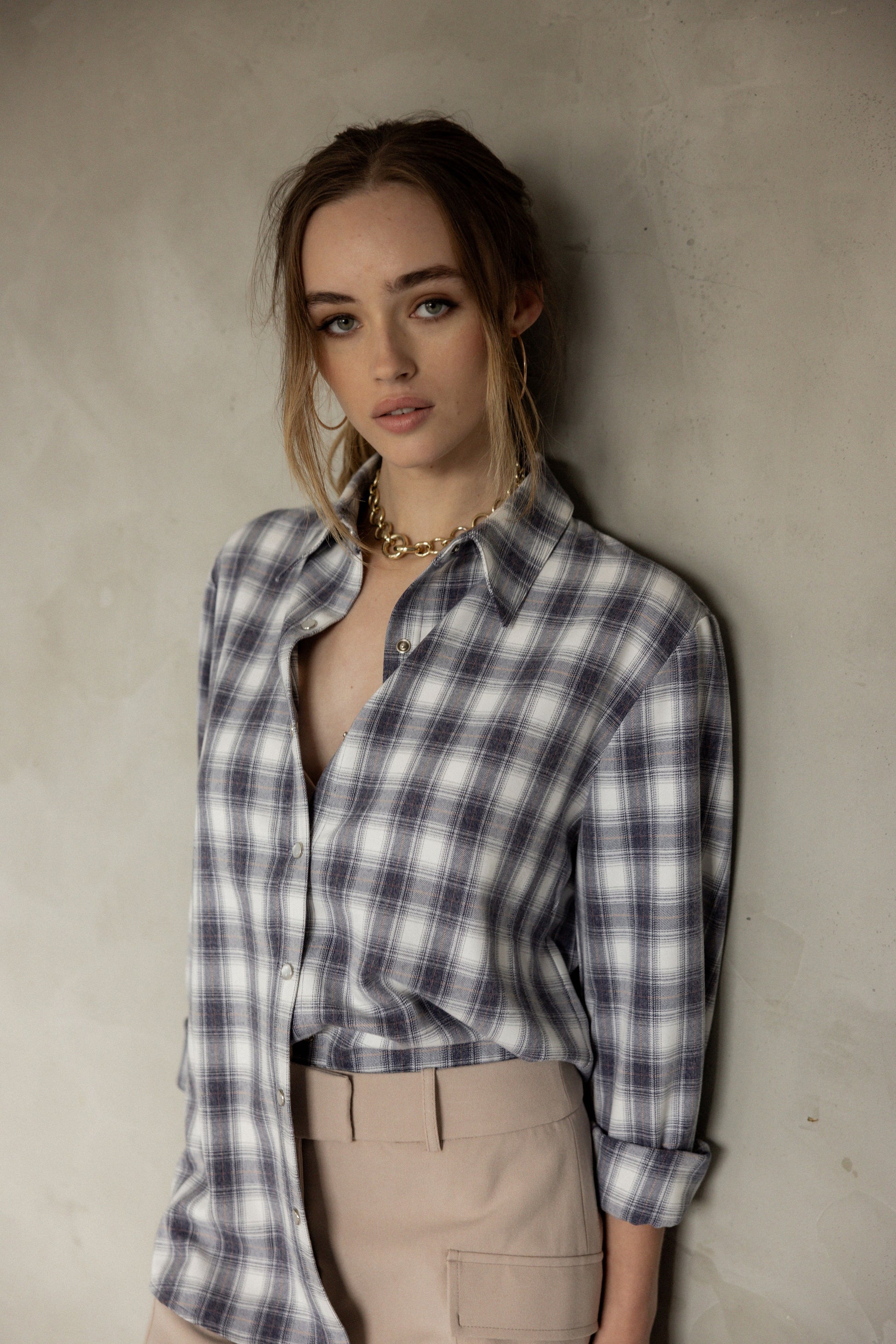 Like Before Boyfriend Blue Plaid Long Sleeve Shirt front view