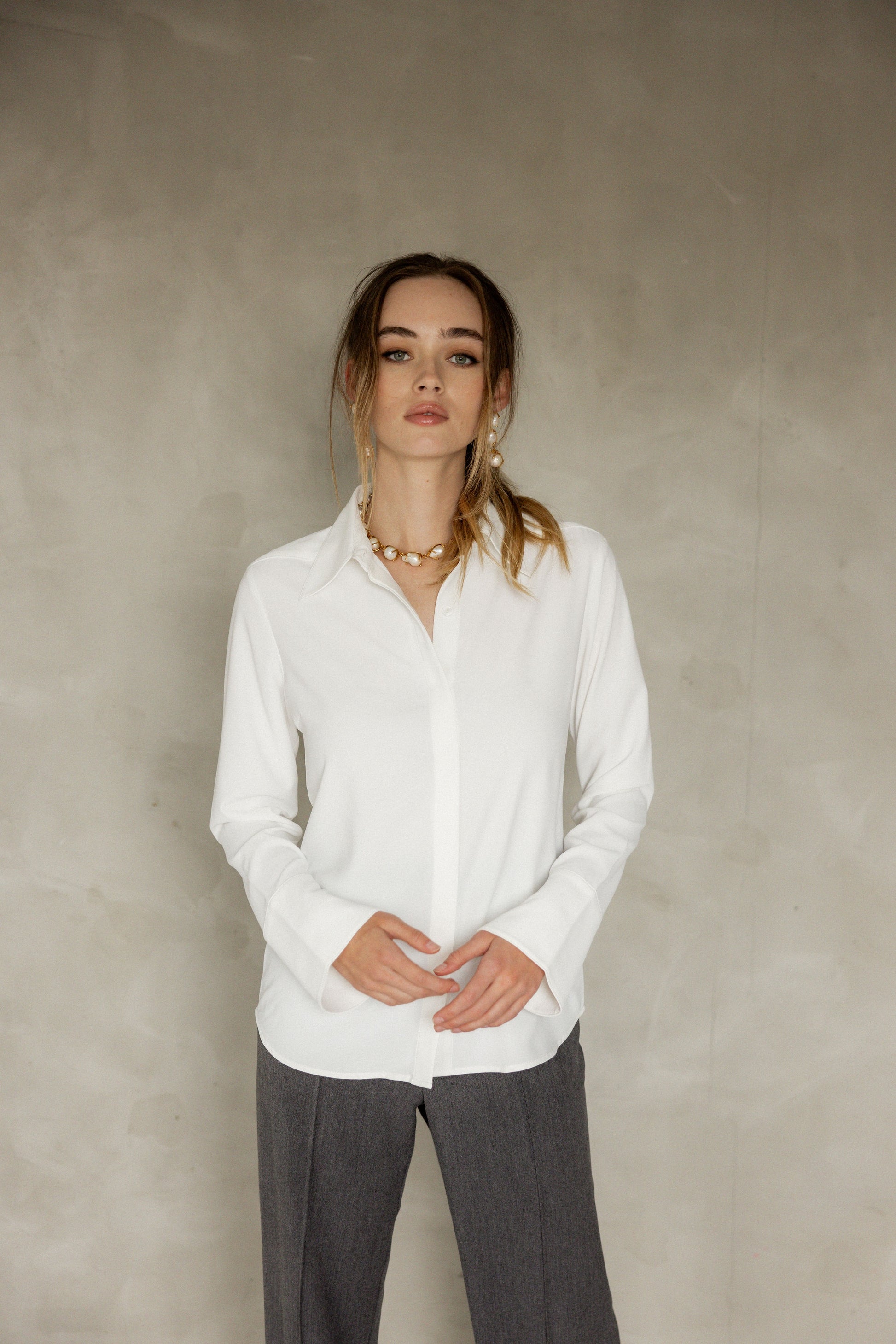 Endlessly Long Sleeve Shirt White Button Up Blouse front view