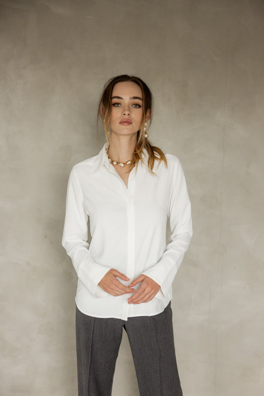 Endlessly Long Sleeve Shirt White Button Up Blouse front view