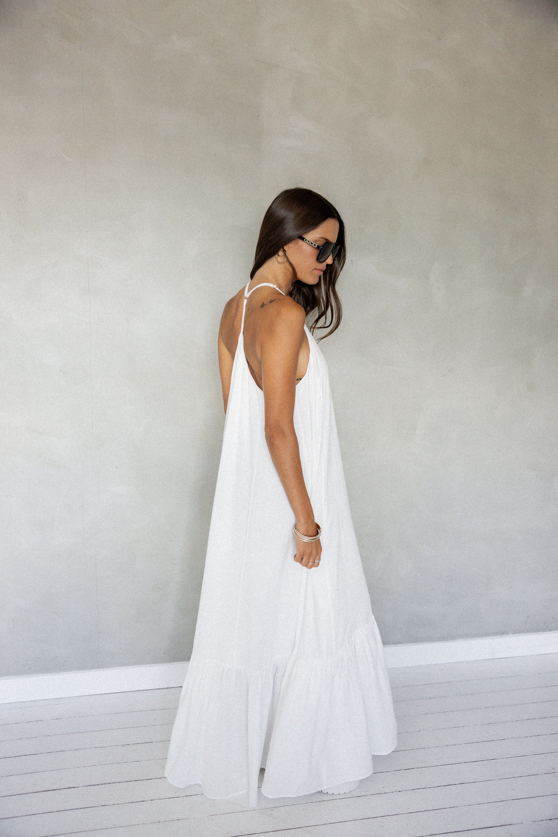 Say To Me Cotton Maxi Dress (White) side back view