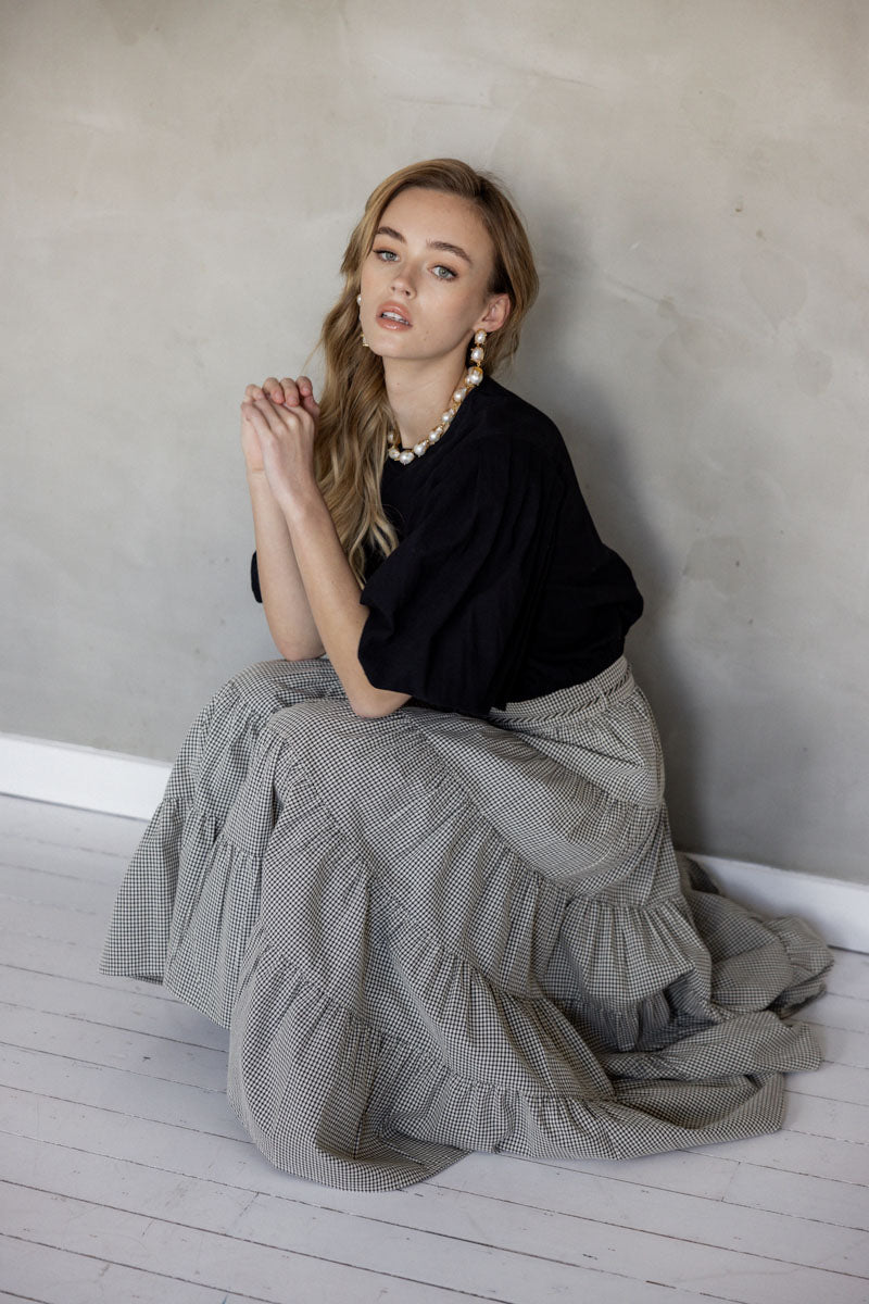 You and Me Cotton Tiered Midi Skirt (Stone Black Check) campaign image