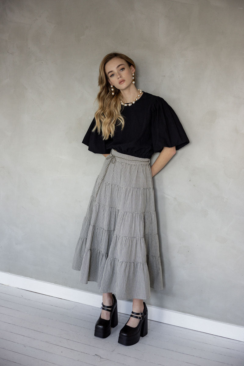 You and Me Cotton Tiered Midi Skirt (Stone Black Check) front view