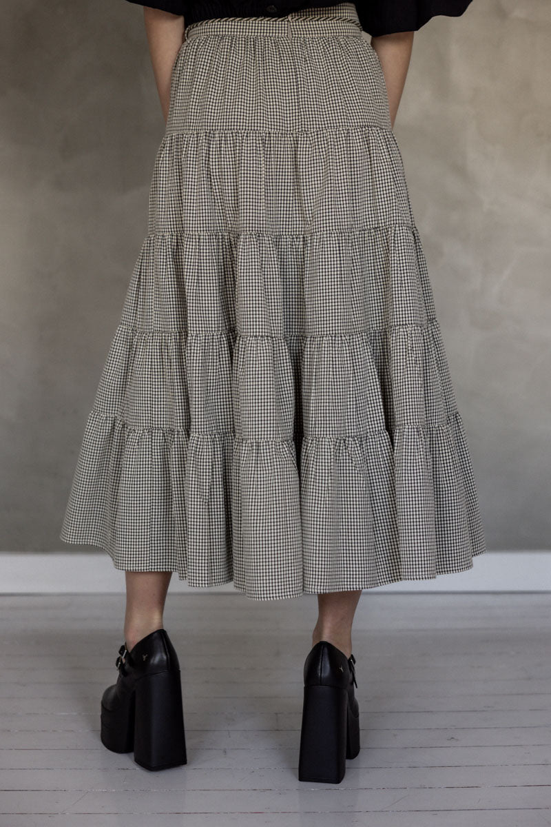 You and Me Cotton Tiered Midi Skirt (Stone Black Check) back view