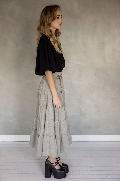 You and Me Cotton Tiered Midi Skirt (Stone Black Check) side view