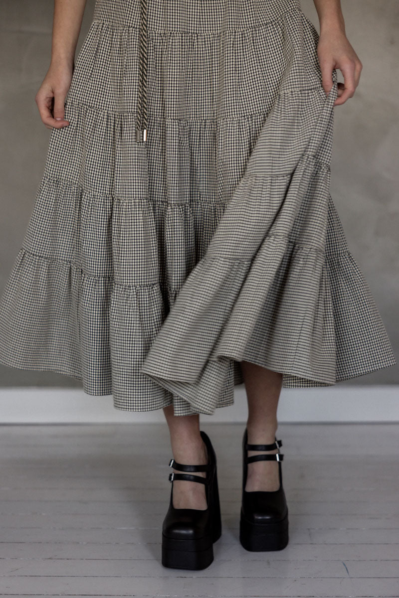 You and Me Cotton Tiered Midi Skirt (Stone Black Check) close up view