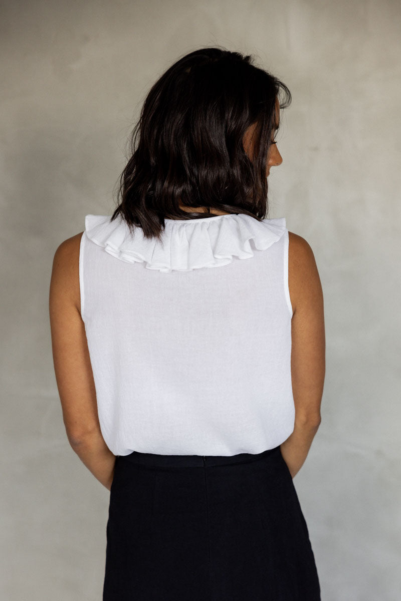 Dream Sweet Frill Top – White Cotton Sleeveless Blouse back view
