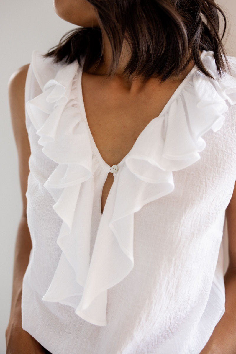 Dream Sweet Frill Top – White Cotton Sleeveless Blouse close up view
