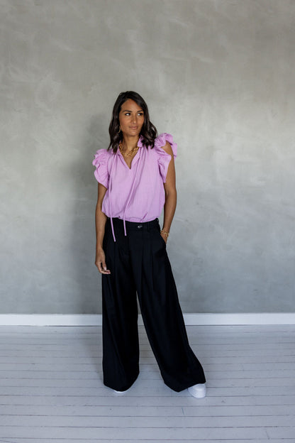 Between Friends Frill Neck Top – Sleeveless Cotton Frill Blouse (Lilac) Front view