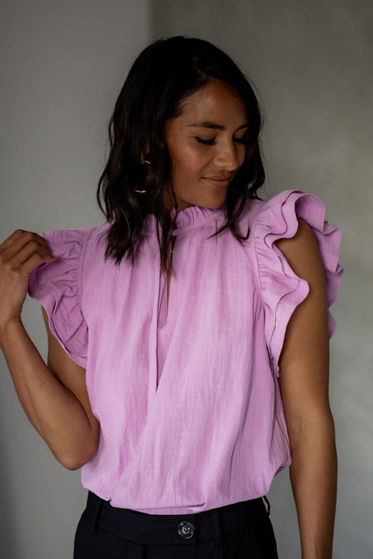 Between Friends Frill Neck Top – Sleeveless Cotton Frill Blouse (Lilac) Front view