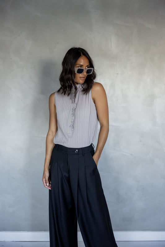 Like You Do Frill Neck Sleeveless Cotton Blouse (Stone) front view