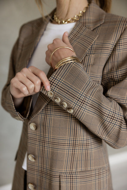 My Love Boyfriend Blazer Brown/Navy/Black Plaid close up view