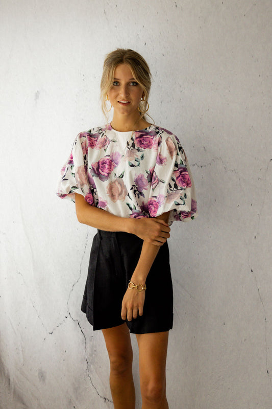 Puff Sleeve Top – Cotton Puff Sleeve Blouse (Rose Print)