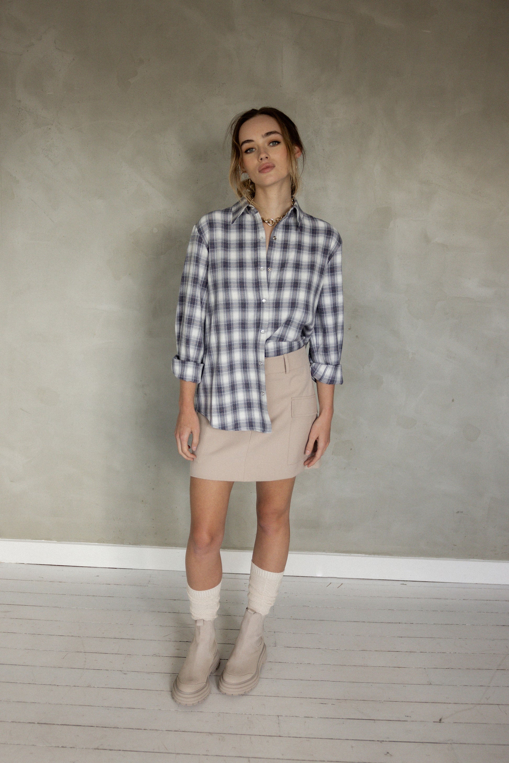 Like Before Boyfriend Blue Plaid Long Sleeve Shirt front view