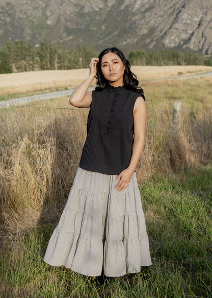 Like You Do Frill Neck Sleeveless Cotton Blouse black front view and lenght