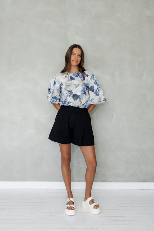 Puff Sleeve Cotton Blouse Blue Floral front view