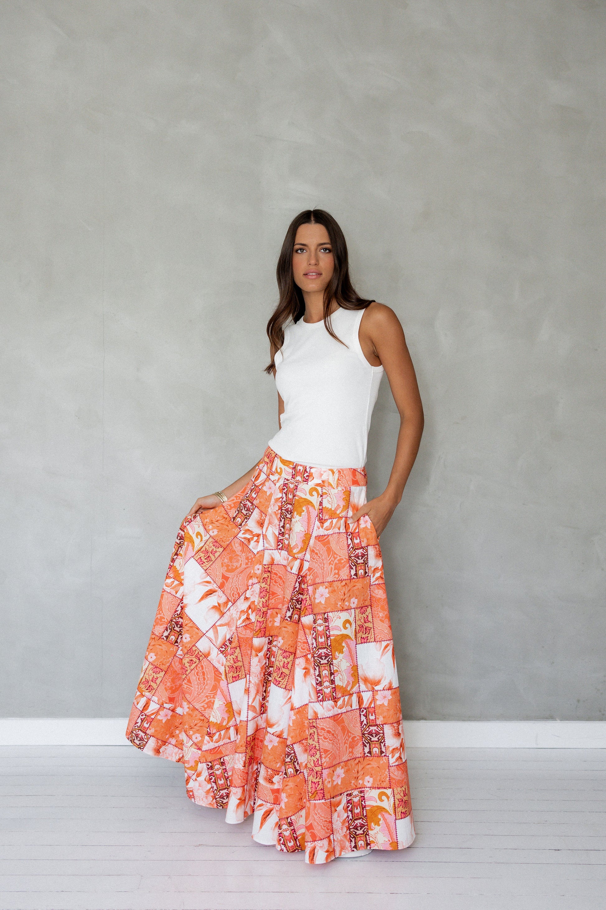 Never Be Maxi Cotton Skirt Orange Patchwork Print front view