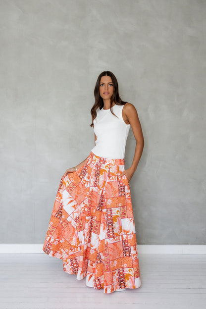 Never Be Maxi Cotton Skirt Orange Patchwork Print front view