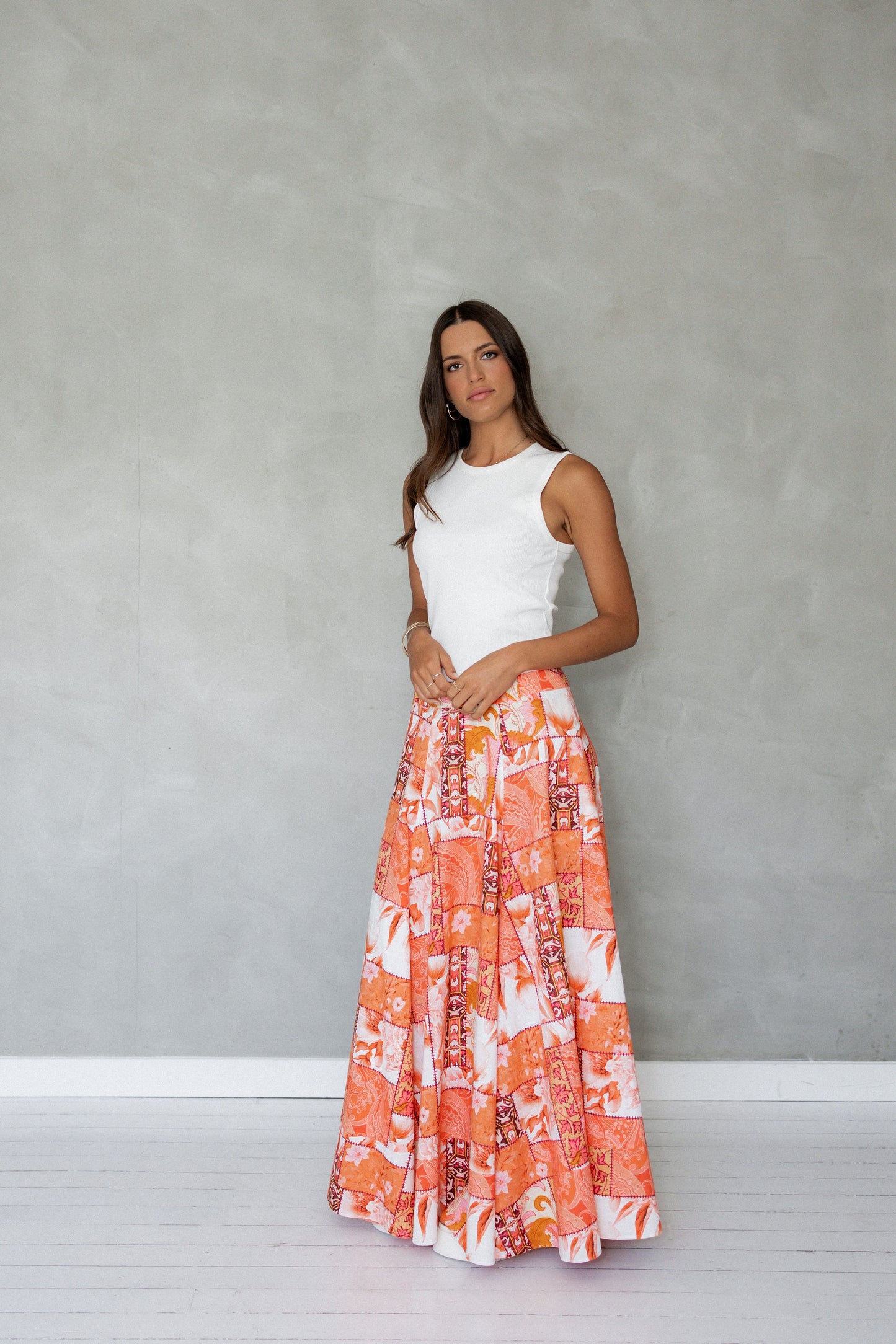 Never Be Maxi Cotton Skirt Orange Patchwork Print side view