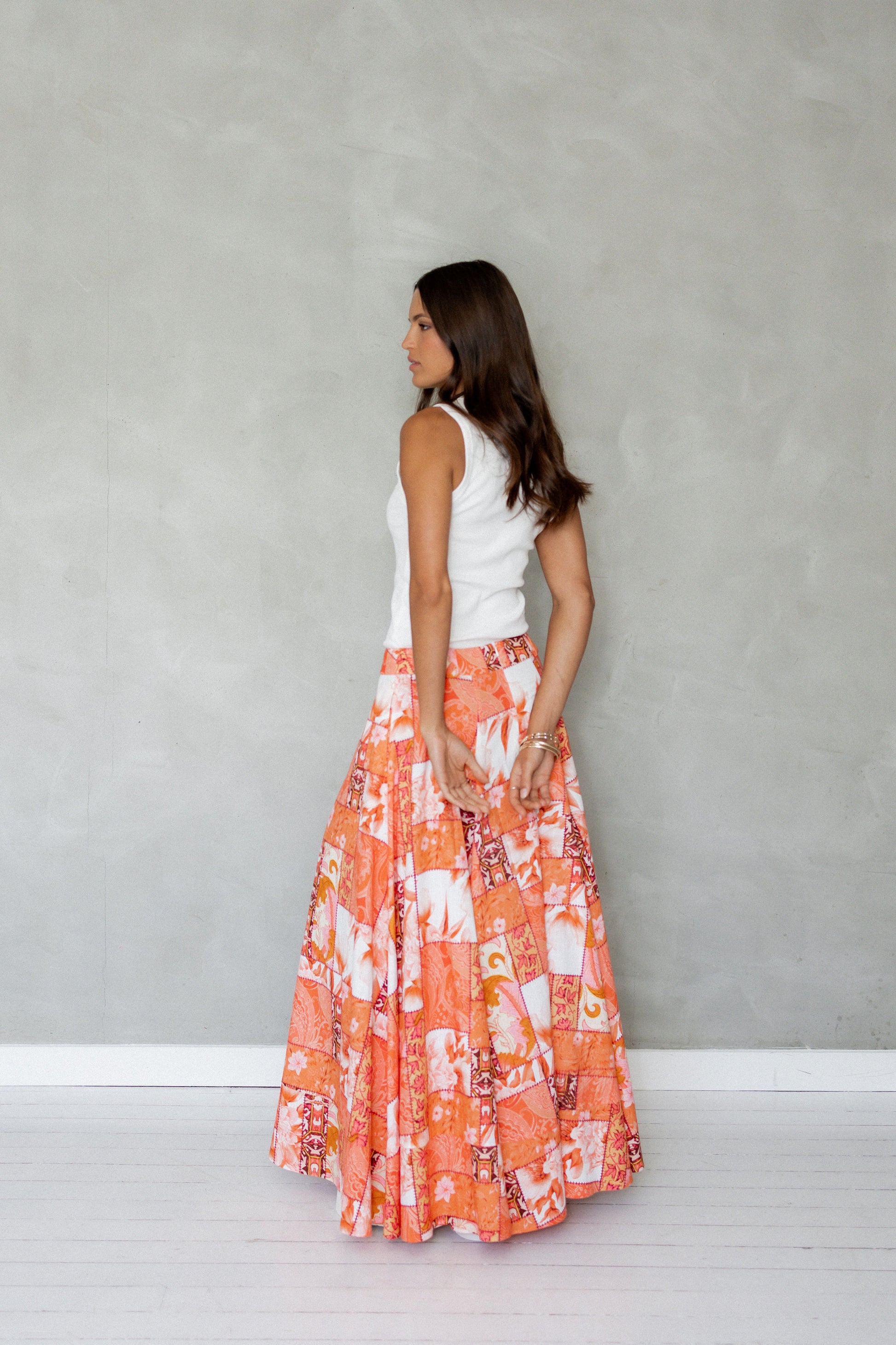 Never Be Maxi Cotton Skirt Orange Patchwork Print back view
