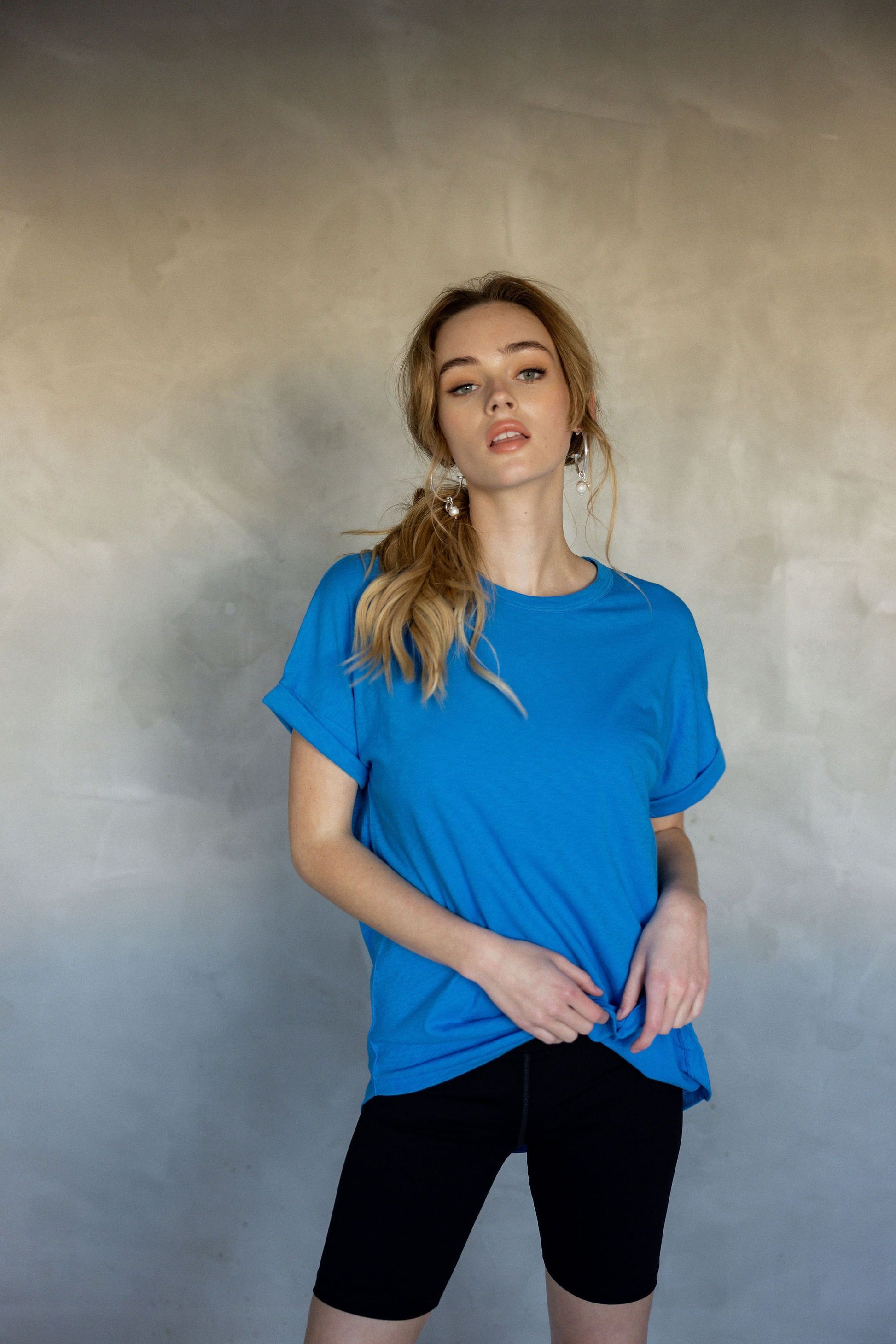 All You Need Cuff Pima Cotton T-shirt - Ibiza Blue front view