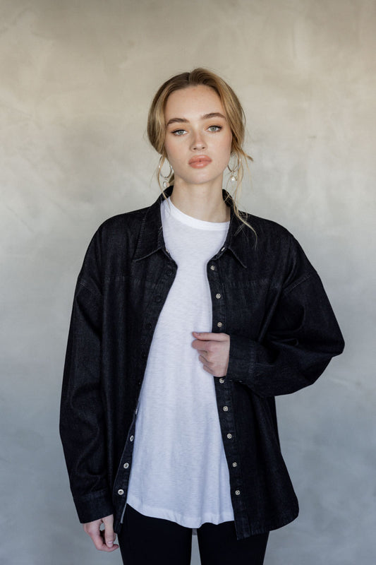 Always By Your Side Denim Shacket – (Black) front view