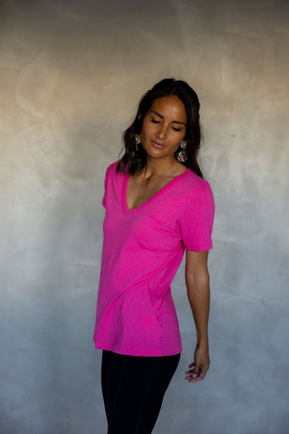 Before We Expire V-Neck Pima Cotton T-Shirt - Fuchsia Fedora front view