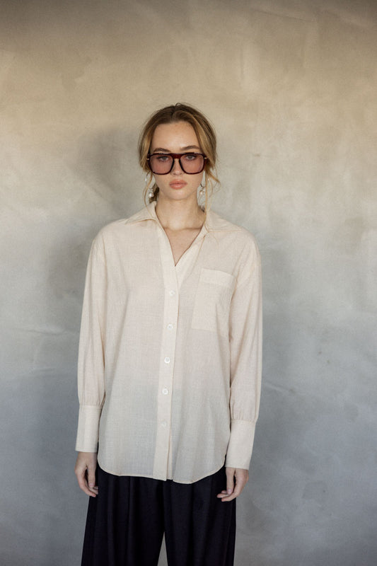 Make You Mine Cotton Button-Up Shirt (Stone) front view