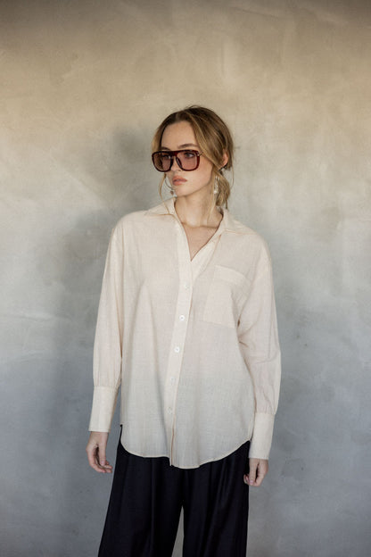 Make You Mine Cotton Button-Up Shirt (Stone) front view