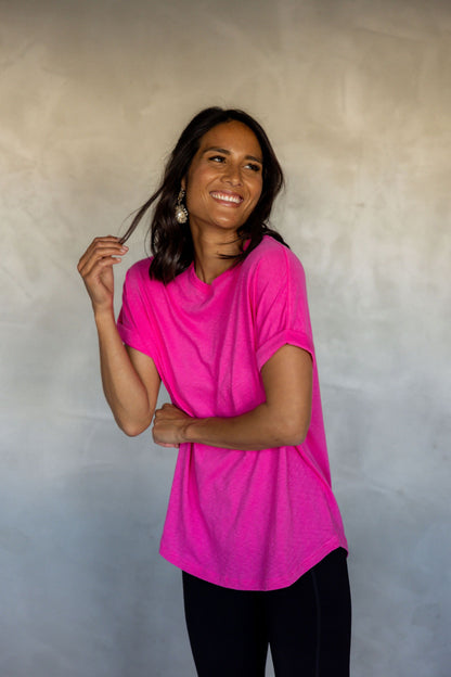 All You Need Cuff Pima Cotton T-shirt - Fuchsia Fedora front view