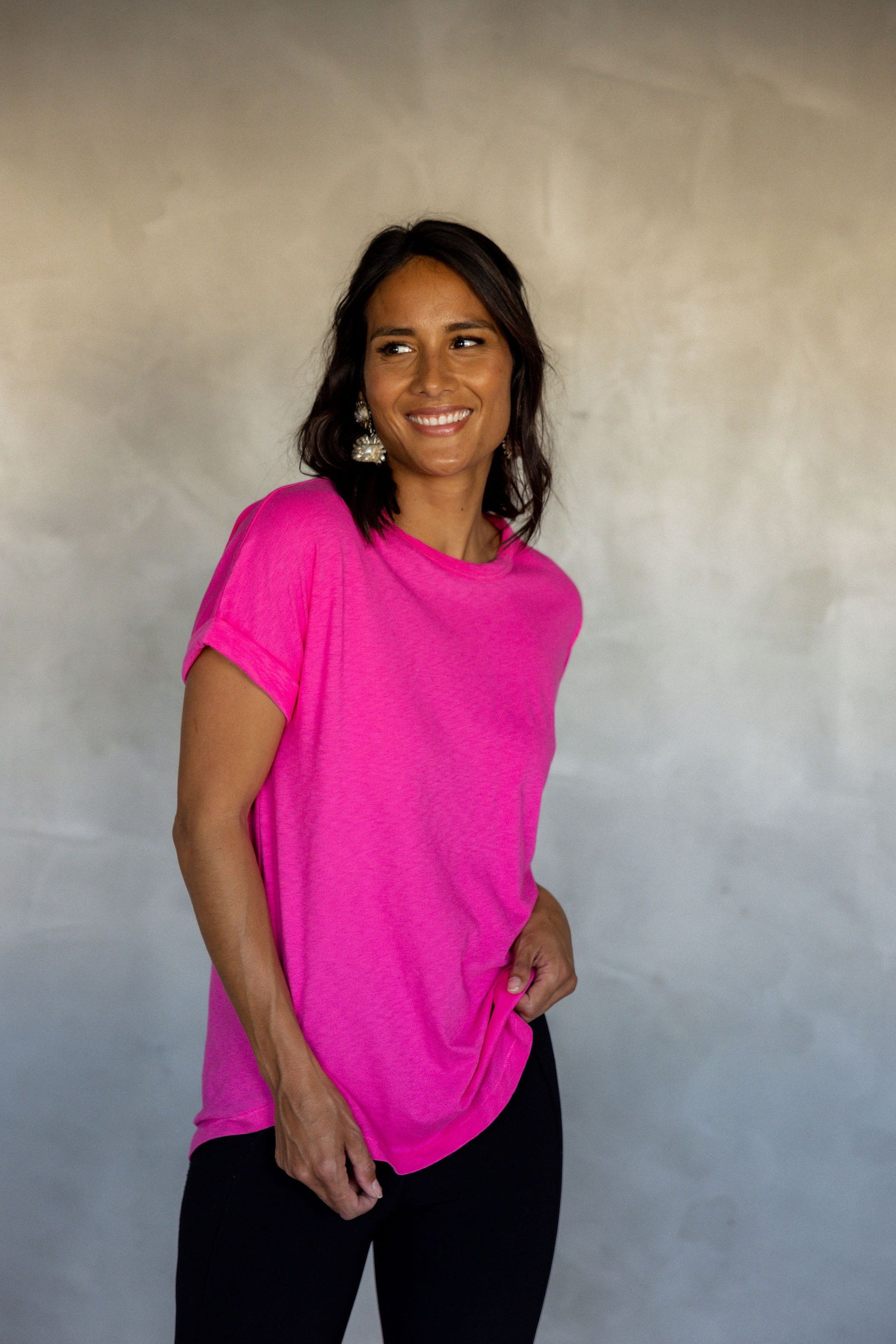 All You Need Cuff Pima Cotton T-shirt - Fuchsia Fedora front view