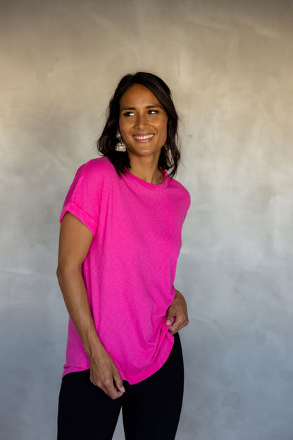 All You Need Cuff Pima Cotton T-shirt - Fuchsia Fedora front view