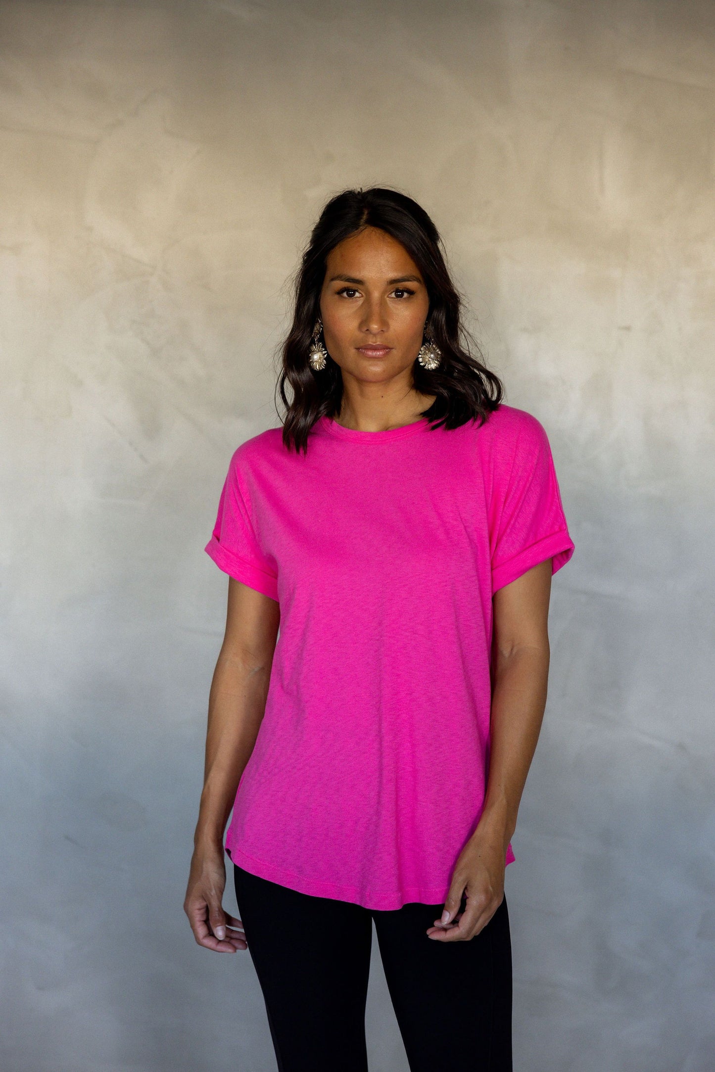All You Need Cuff Pima Cotton T-shirt - Fuchsia Fedora front view